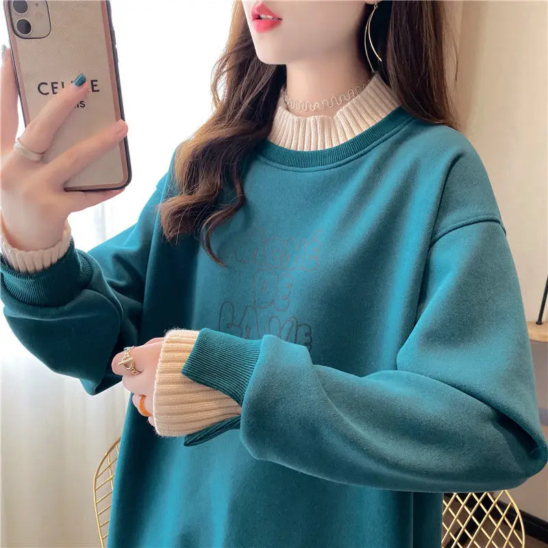 Women\'s Solid Color Pullover Ruffles Patchwork Printing Sweatshirts Autumn and Winter Korean Half High Neck Long Sleeve Tops