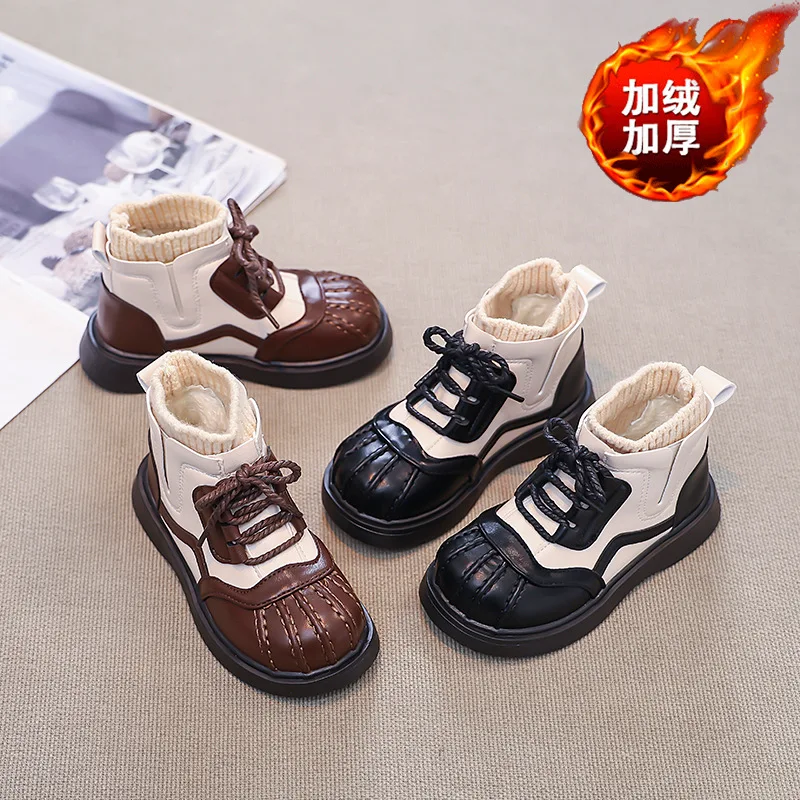 

Children's Design Shell Head Leather Boots 2024 Autumn and Winter Versatile British Style Splicing Velvet Socks Boots