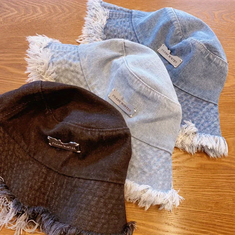 Washed Denim Fisherman Hat Vintage Tassel Foldable for Easy Carrying Basin Hat Unisex Metal Tag Bucket Hat Outdoor Sunshade Cap