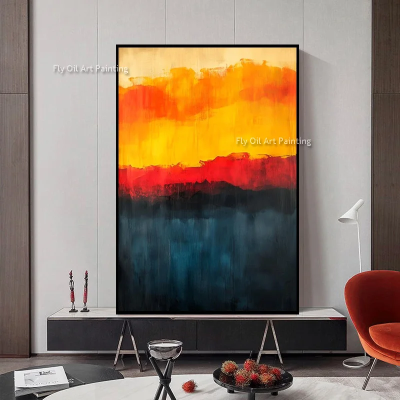 Thick Textured Hand‑Painted Abstract Canvas Oil Painting, Vivid Sunset Horizon Art, Modern Boho Large Vertical Wall Hanging