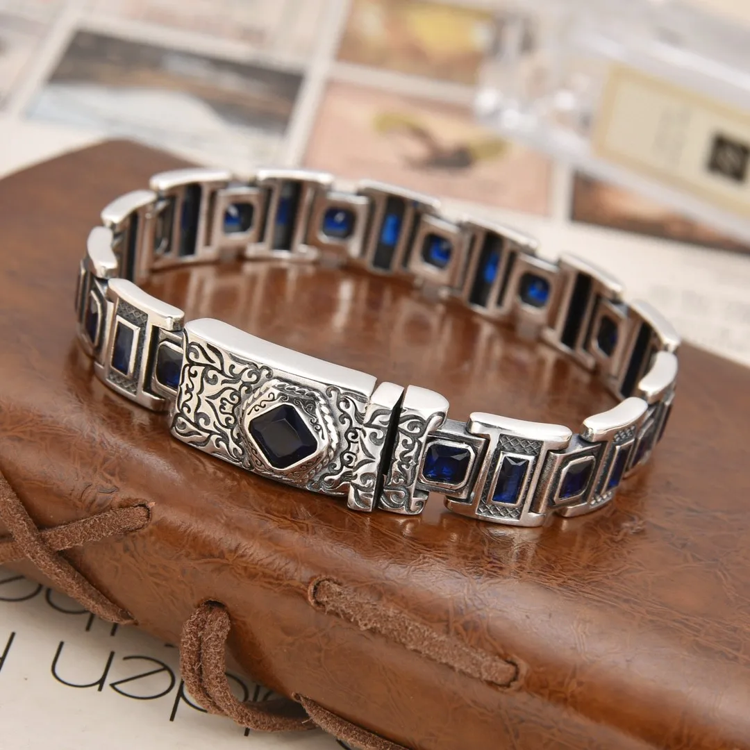 S925 sterling silver italian style stylish male navy blue square zircon watch chain trendy full diamond bracelet