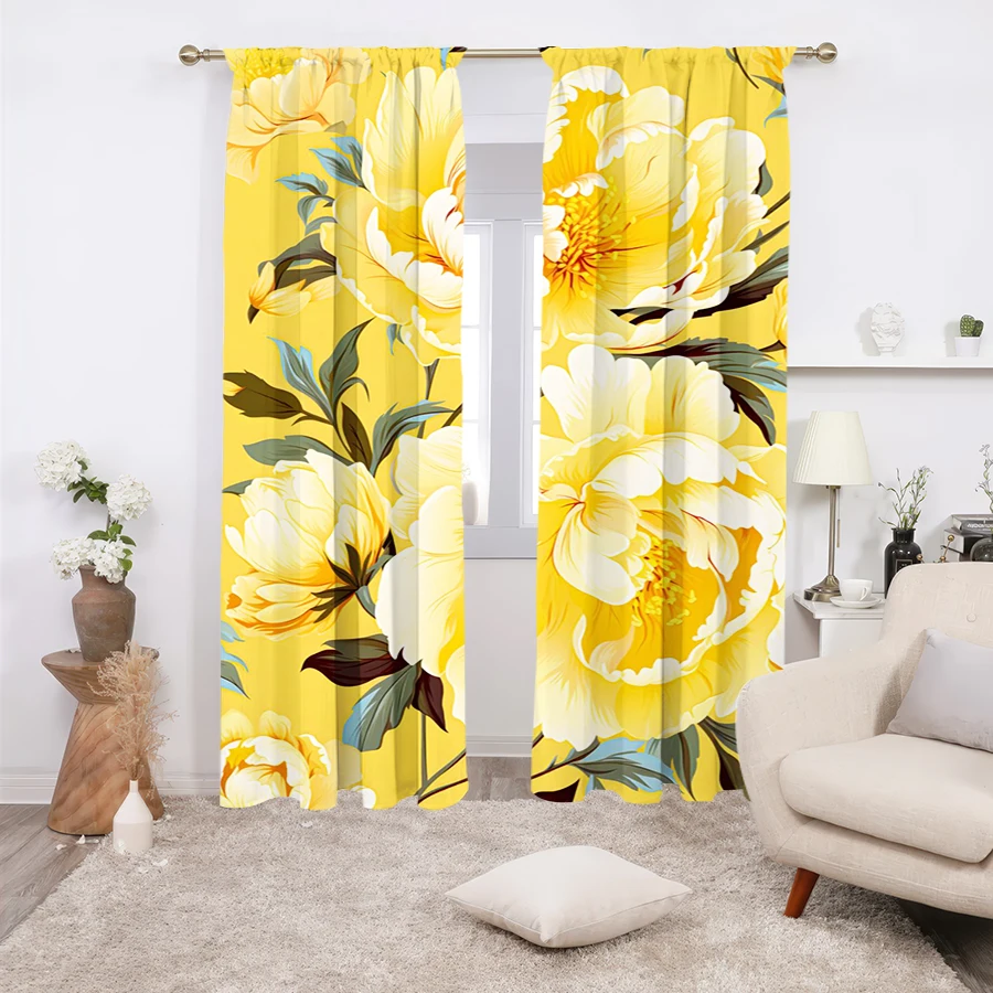 2PCS Multicolor Yellow Peony Floral Pattern Curtains Rod Pocket Design For Bedroom And Living Room