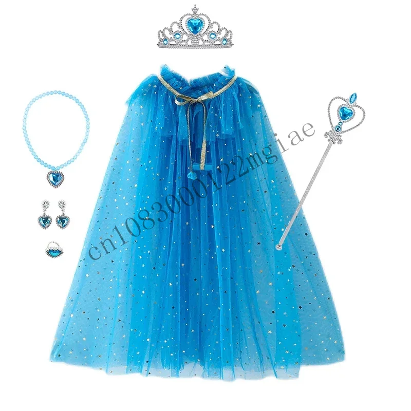 Girl Princess Costume Kids Party Accessories Cloak Crown Wand Necklace Earrings Rings Set Elsa Anna Rapunzel Aurora Tulle CMM221