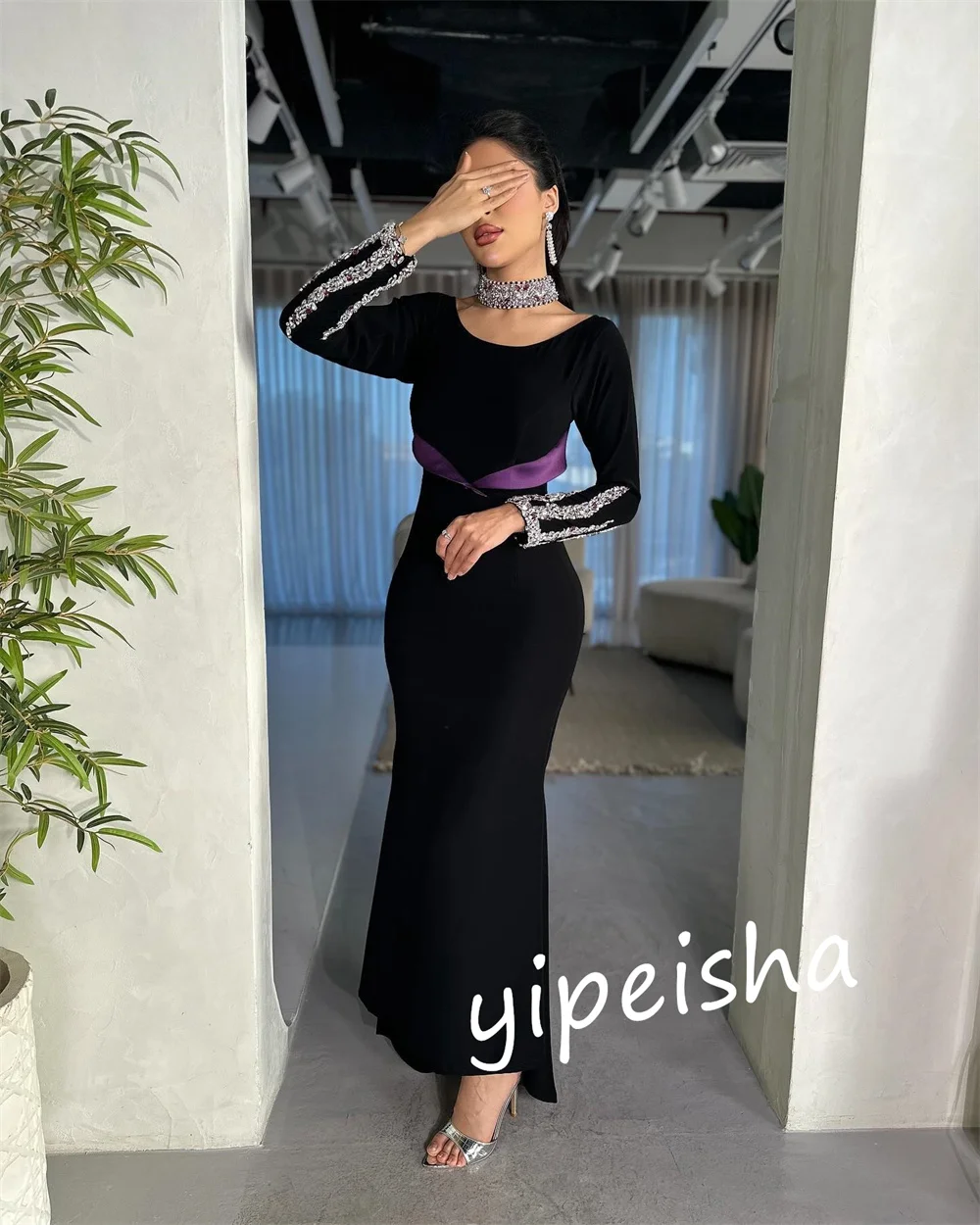 Customized  Ball   Jersey Beading Celebrity A-line O-Neck Bespoke Occasion Gown Midi es Saudi Arabia