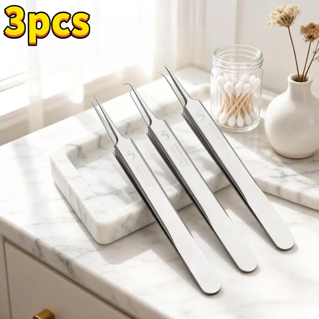 3Pcs Precision Stainless Steel Ultra Fine Tip Tweezers, Non-slip Firm Grip Blackhead Remover Pimple Extractor, Multi-use Beauty