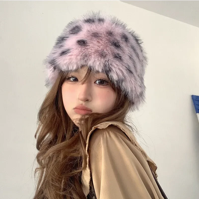 Retro Hot Girl Leopard Plush Bucket Hats Women Autumn and Winter Imitation Fur Thickened Thermal Pullover Fashiona Basin Cap