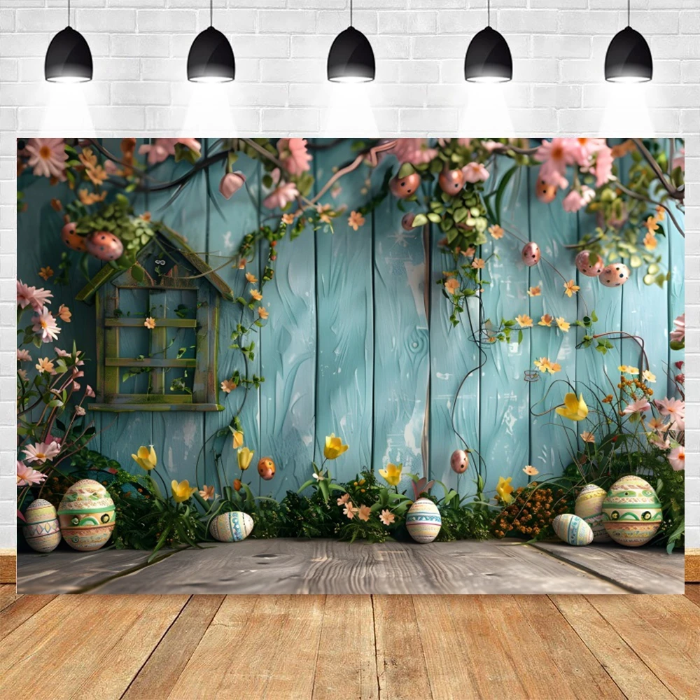 Happy Easter Backdrop Photography Wood Board Rabbit Bunny Eggs Kids Portrait Decorations Photozone Props Easter Photo Background