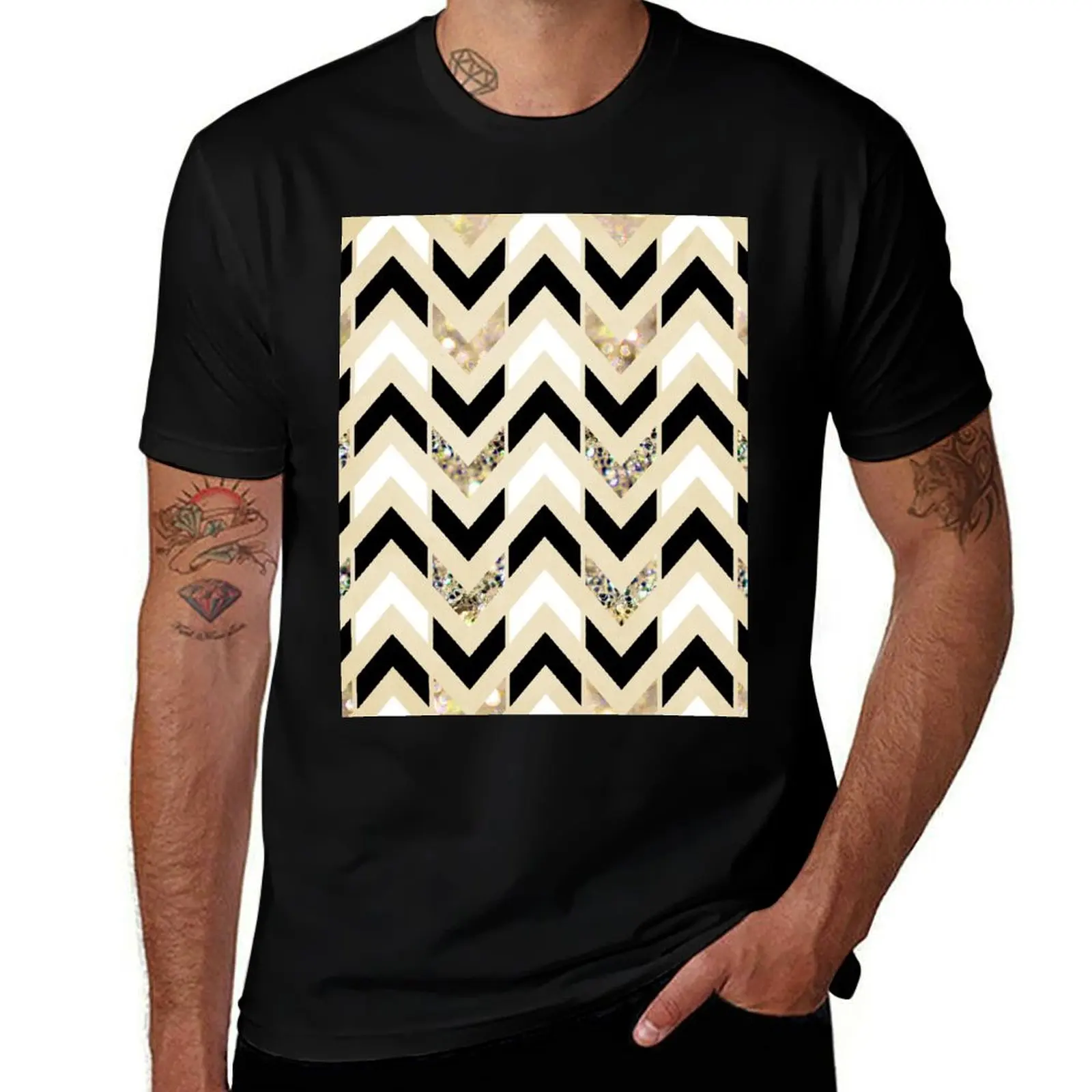 Black, White & Gold Glitter Herringbone Chevron on Nude Cream T-Shirt Soft Anti-Shrink Cotton Tee T-Shirt