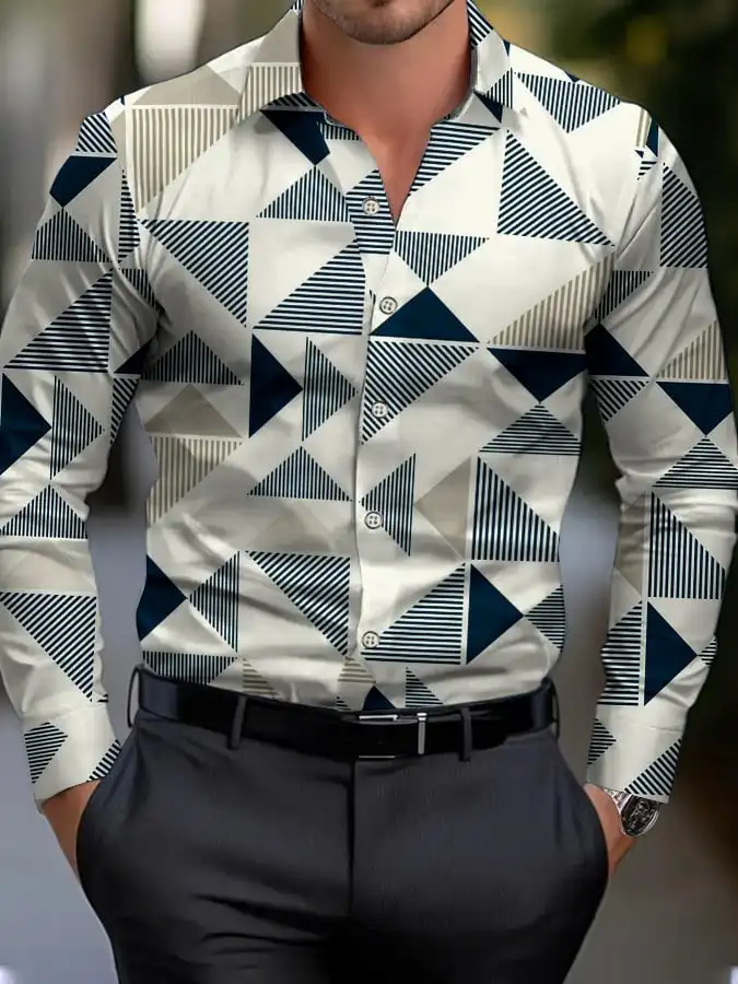 Men's shirt regular lapel shirt men's 3d printing irregular geometric printing casual street long sleeve fashion printed shirt