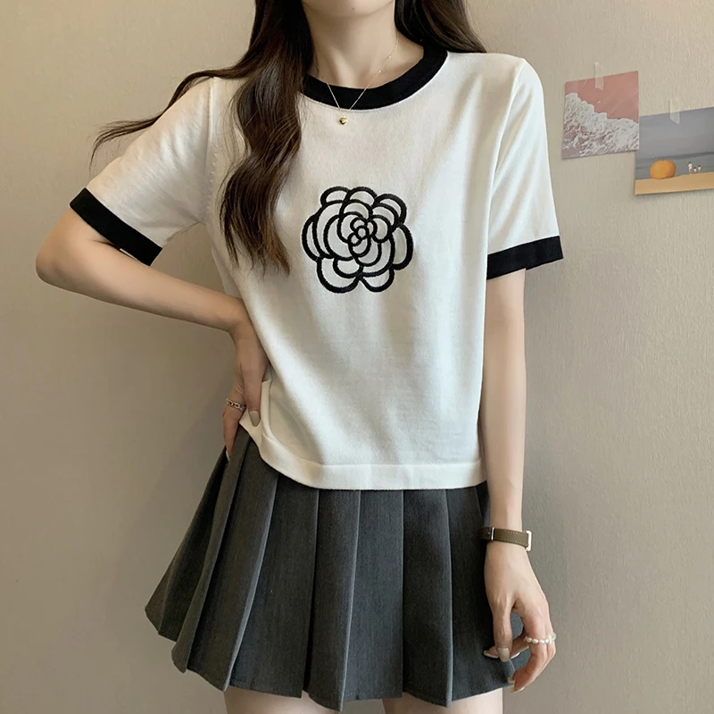 Camelia Embroidery Thin Ice Silk Knitted Tshirt Sweater Women Elegant Vintage Ladies Pullover Tops Short Sleeve O-neck Knitwear