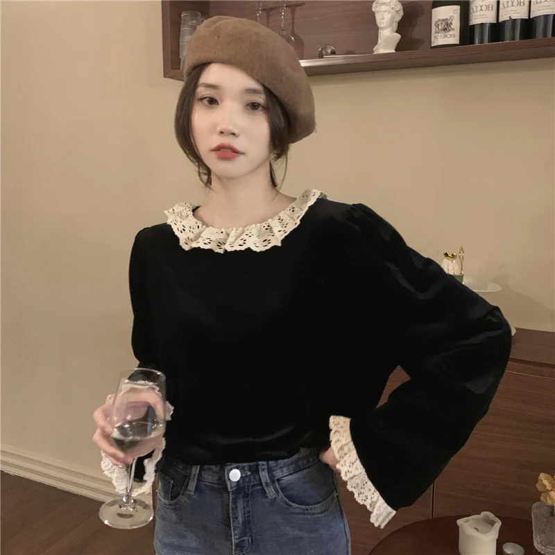 MEXZT Vintage Velvet Shirts Women Elegant Lace Patchwork Blouses Office Lady Korean Sweet Ruffles Long Sleeve Casual Tops New