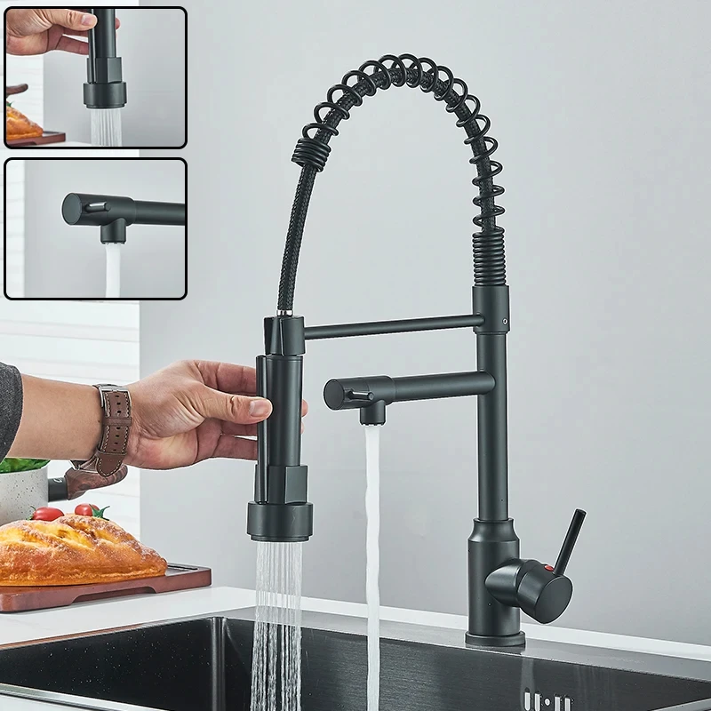 Robinet d'évier de cuisine noir, mitigeur d'eau chaude et froide extractible, robinet à 2 modes avec double bec, Rotation à 360 degrés, montage sur le pont Flexible