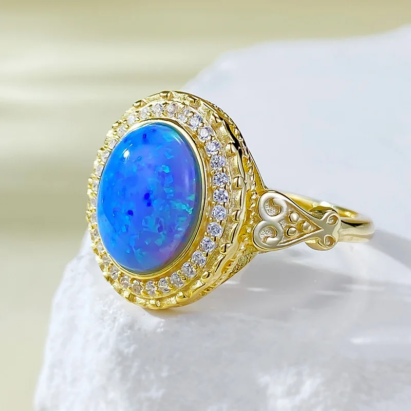 New 925 sterling silver gold-plated inlaid zircon 8 * 10mm oval Australian Treasure Opal blue ring, popular accessory for women