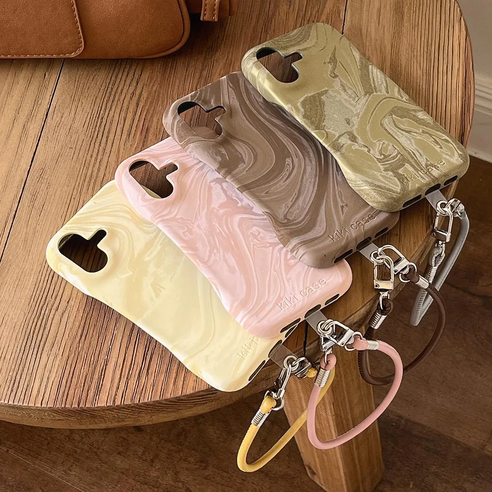 Retro Style Marble Pattern Silk Texture Leather Case For iPhone 16 15 14 13 12 11 Pro Max Phone Cover Fall Prevention Lanyard