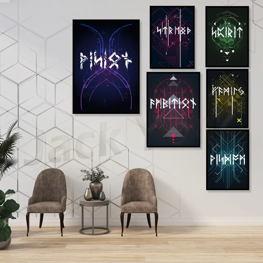 رونيك الوحدة نقش طباعة فن العرافة اللغة الشمالية القديمة Vintage المشارك اللوحة صورة جدار ديكور