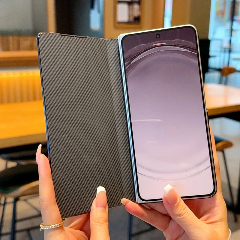 For Oppo Find N6 Case Carbon Fiber Pattern PU Leather Firm Metal Stand Raised Camera Lens Bezel Protection Flip Cover