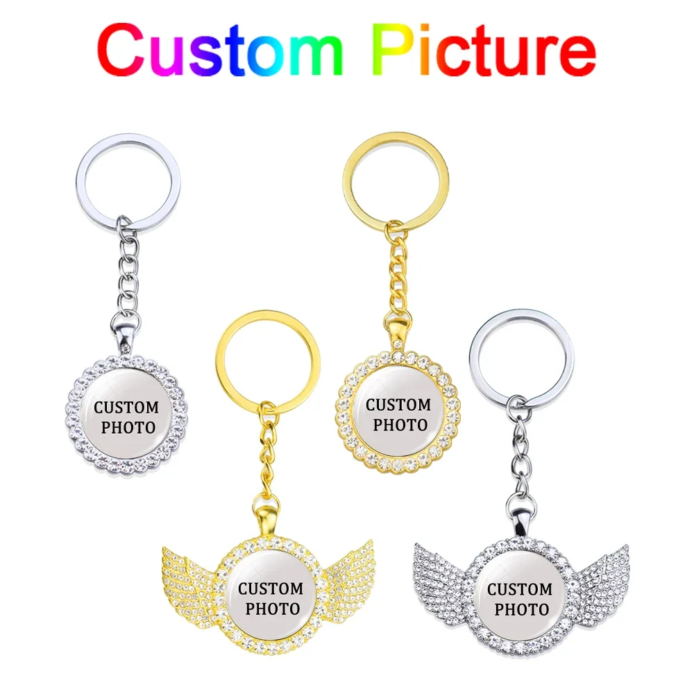 

Customized Products Keychain Personalized Custom Photo Angel Wings Rhinestone Pendant Keyring Glass Dome Jewelry Creative Gift