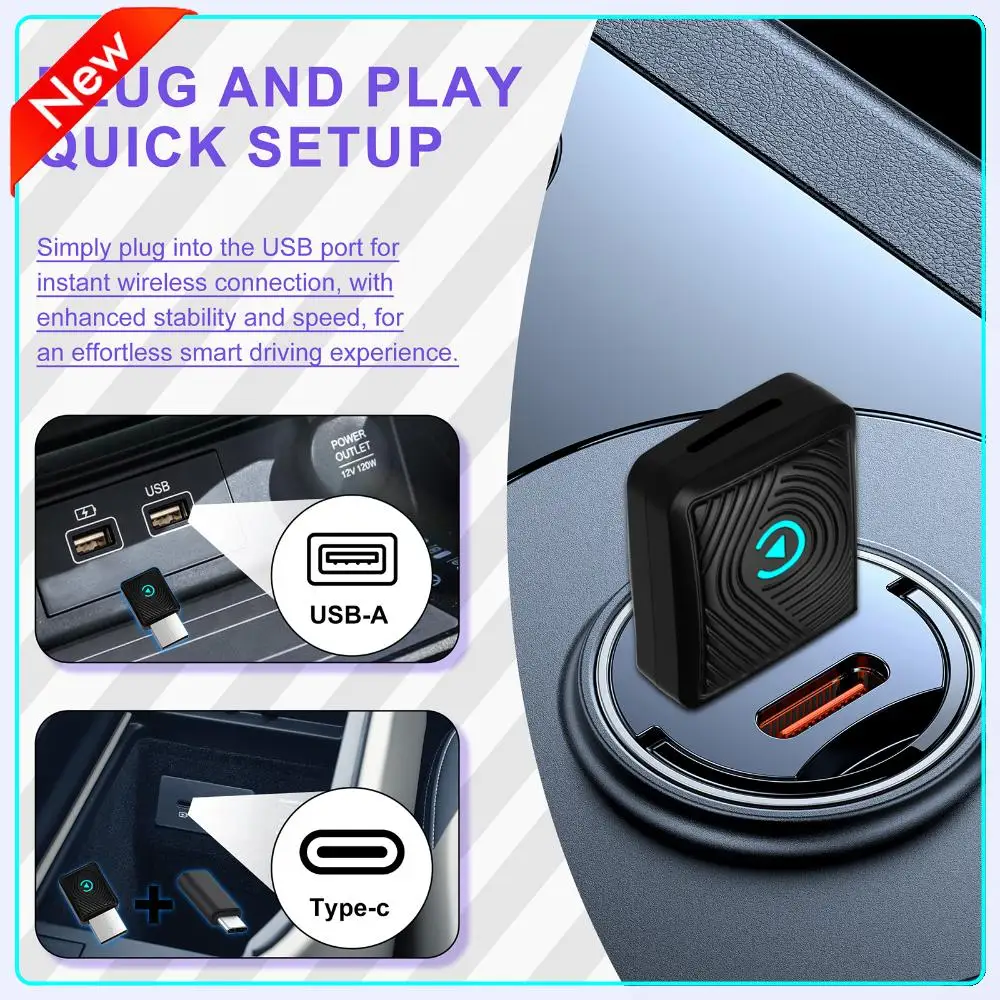 

BT 5.3 2-в-1 беспроводной адаптер CarPlay Android Auto преобразует проводный в беспроводной адаптер CarPlay для iPhone и Android