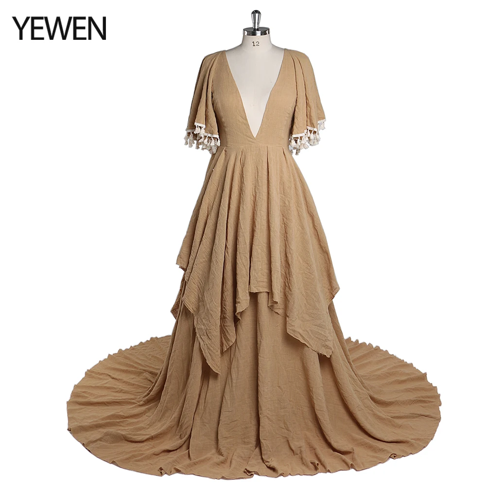 

V Neck Cotton Evening Dress for Photoshoot​ Boho Formal Dresses for Special Occasions Slit Wedding Gown YW220415