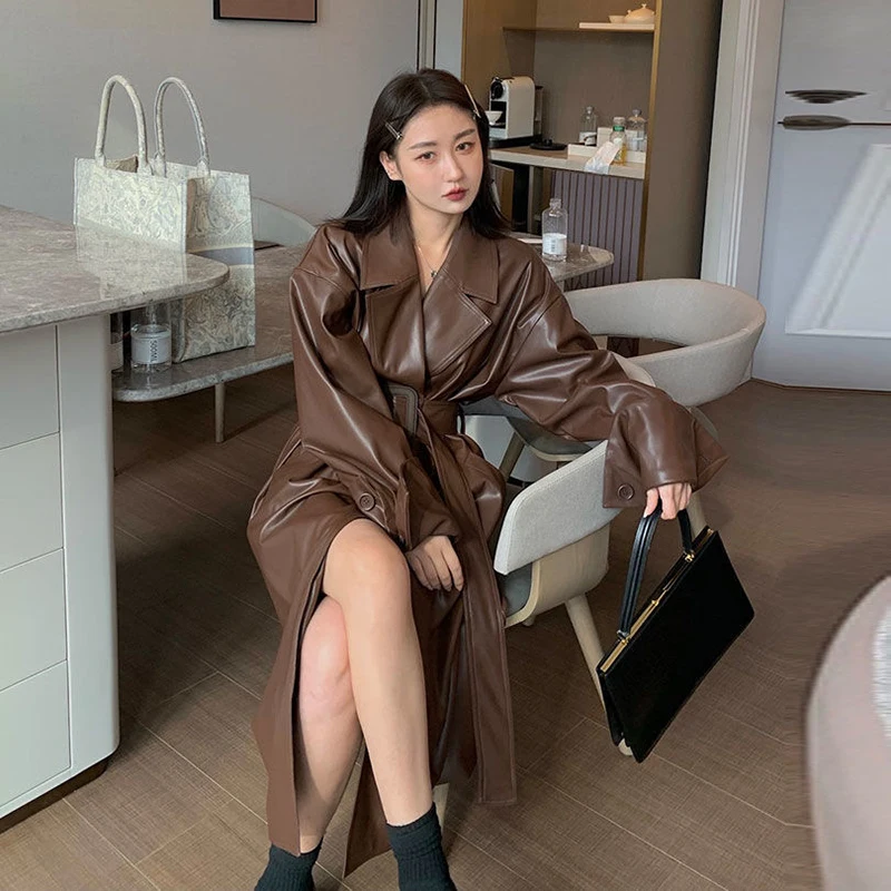 Women Long Leather Clothes Large Lapel Belt Stylish Overcoat Fall Winter Retro Long Sleeve Loose Oversized Leather Trench Coat