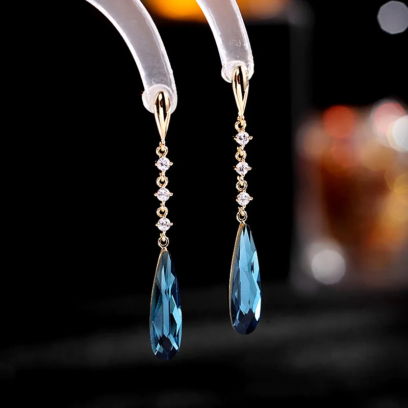 Fashionable New Korean Summer Silver Needle Personality Blue Crystal Water Drop Earrings