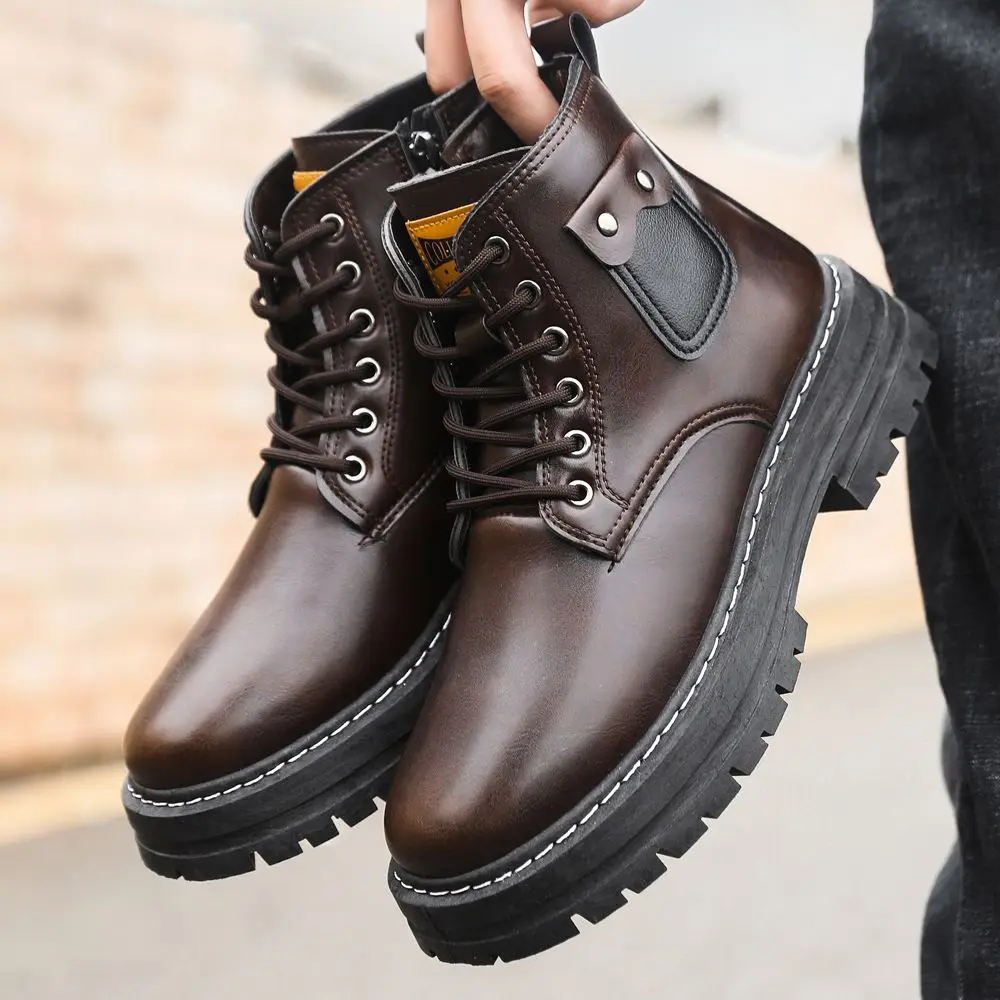

Men's High Top Winter Warm Lined Genuine Leather Cotton Boots Thick Sole Height Increasing English Workwear Anti Slip Snow Boots
