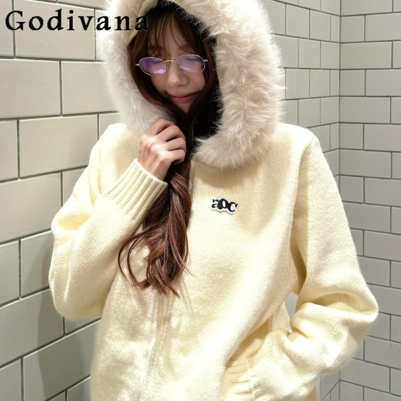 

Korean Style Fur Collar Sweater Coat for Women Winter Thickened Embroidery Cardigan Female Hooded Loose Knitted Jumpers