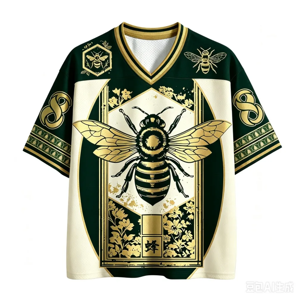 Sommermode Neues Design Japanisches Bienenmuster 3D-Druck Herren Damen V-Ausschnitt Sport-T-Shirt Atmungsaktiv Schnelltrocknend Streetwear Familienkleidung – Detail 6