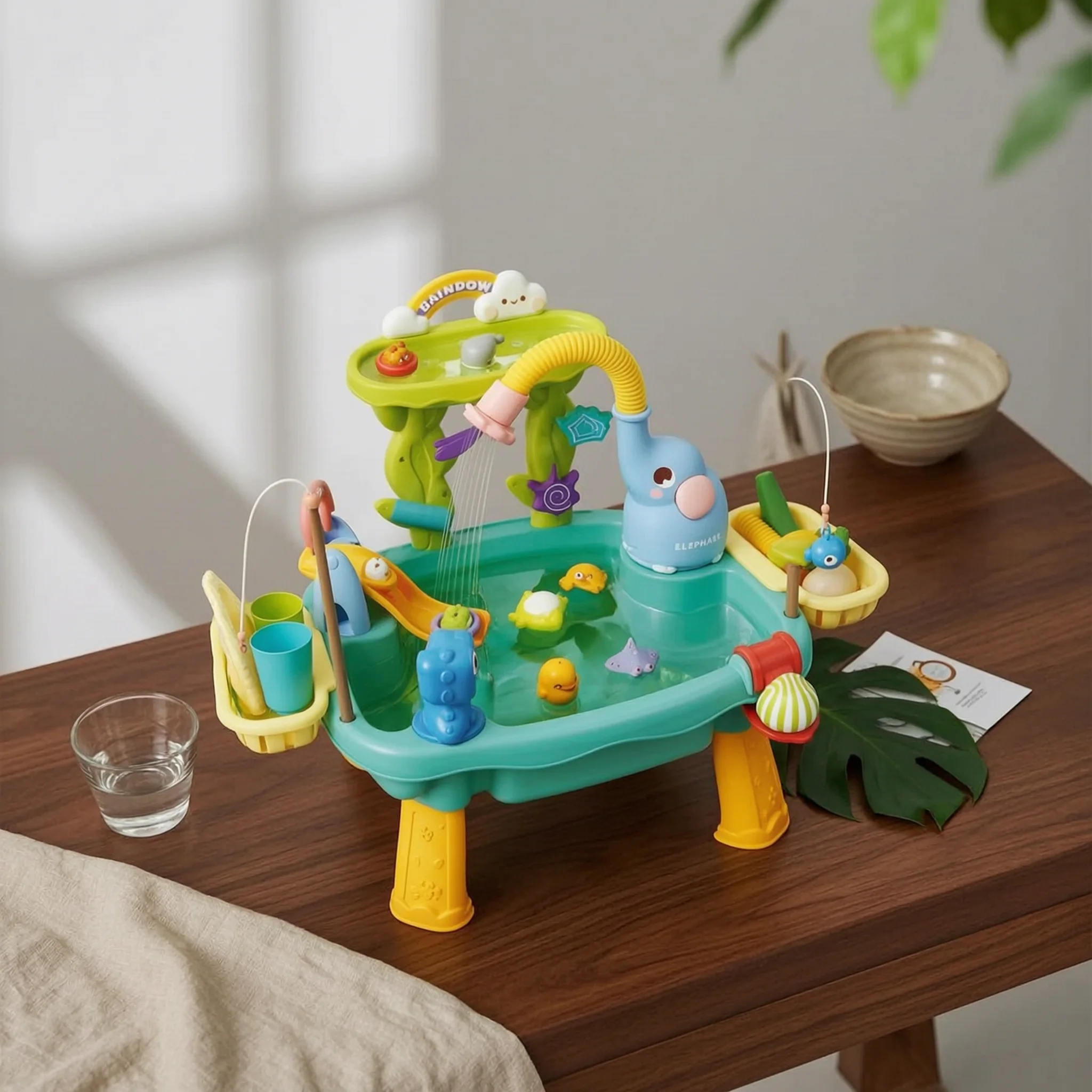 象の水遊びテーブル-プレイチャンネル付き-動物ウォーターパーク-キッズ感覚テーブル-カップホルダー-子供用おもちゃ-フタル酸エステルフリーで安全