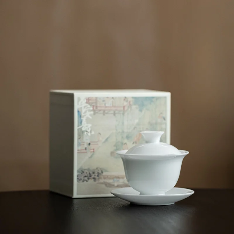 Ice Jade Porcelain Exquisite Three-way Cover Bowl White Porcelain Tea Bowl Large Household Kung Fu Tea Set Gift Ceramic Teacup