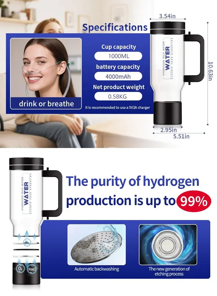 1L Large Capacity High Concentration Household Hydrogen Water Bottle with SPE Electrolysis to Remove Residual Chlorine and Ozone