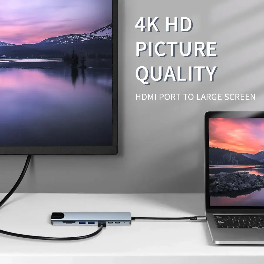 Adaptador multipuerto de concentrador USB C 8 en 1 con HDMI/4K/USB 3,0/lector de tarjetas SD/carga PD para MacBook/Windows/portátil