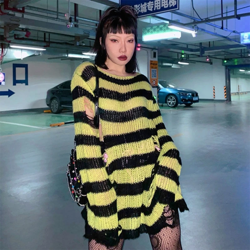 Women Crochet Knit Long Sleeve Sweater Harajuku Gothic Punk Striped Ripped Hole Pullover Top Oversized Broken Dress