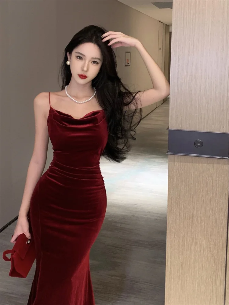 Vintage Sexy Club Prom Red Dresses for Women Spaghetti Strap Slit Velvet  Dress Beach Bandage Bodycon Midi Dress Party Elegant - AliExpress 200000345