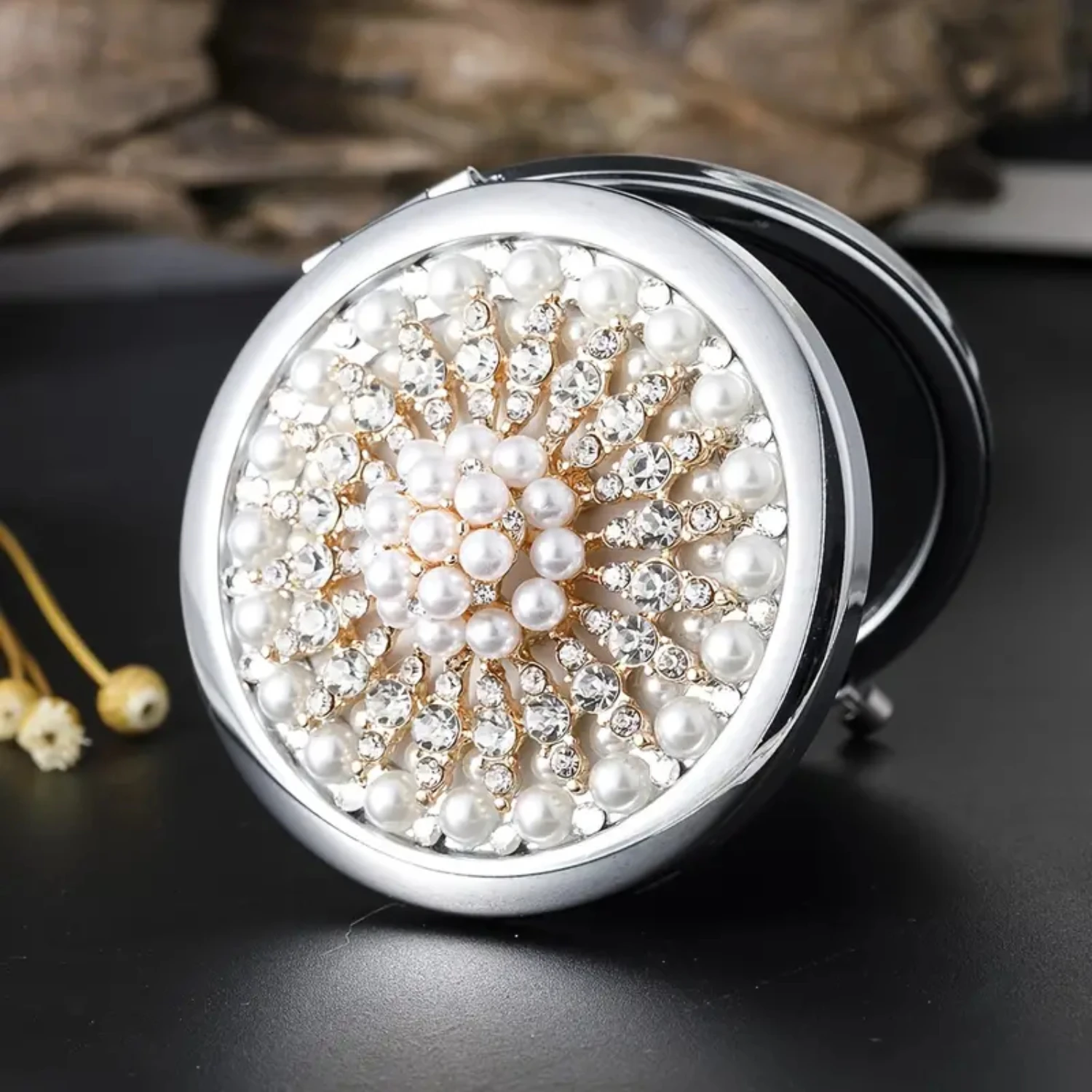 Handheld Mini Beauty Makeup Mirror, Magnify Mirror, Pearl Snow Flower Design, Elegant Wedding Gift