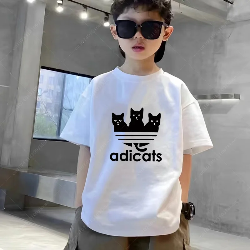 Kdis T-shirt High-quality Brand Cotton Oversized Tee Fashion Loose Tshirt Children Short-sleeved Streetwear Clothing Cat Graphic