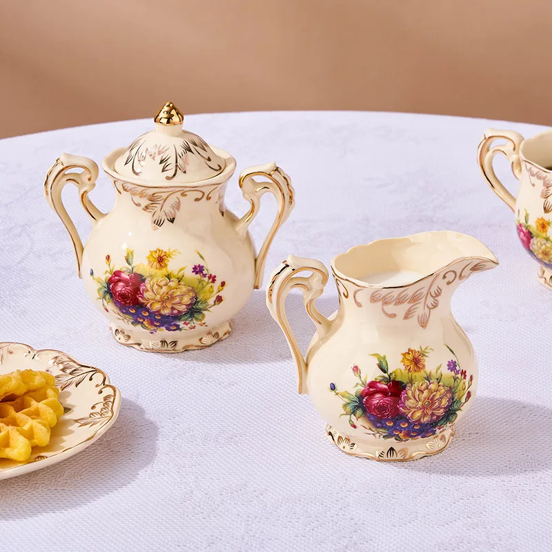 European style ceramic sugar cup milk pot set coffee set, flower cup milk can, sugar box storage can