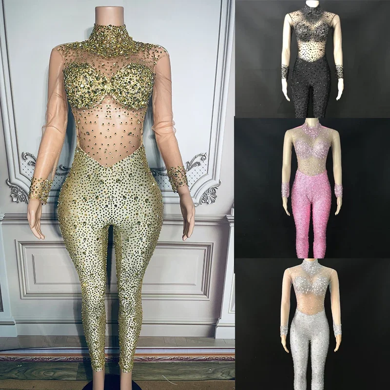 Combinaison luxueuse à strass, maille Sexy, justaucorps en cristal pour femmes, barboteuse de bal de soirée, tenue Rave, Costumes Drag Queen, XS5667