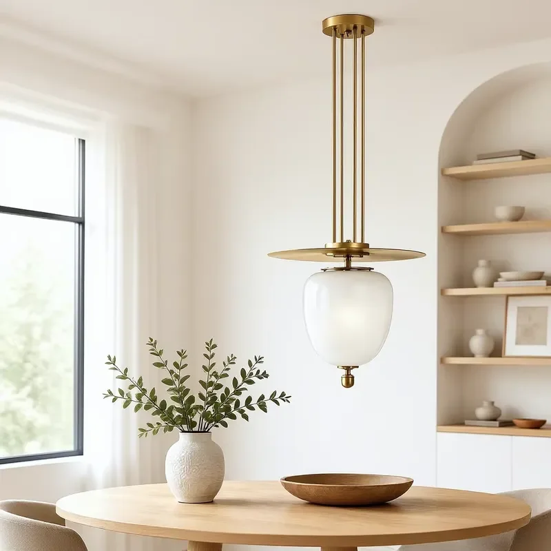 for Hand Blown Glass Chandelier Clear and Opal Lampshade Vertical Multi Rod Brass Frame Layered Disc Design