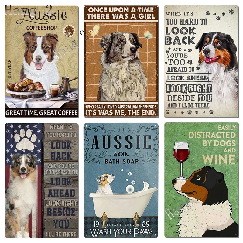 Aussie Metal Tin Sign Wall Decor Australian Shepherd Dog Bath Soap Poster Hanging Plaque Aluminum Signage Posters 8x12 Inch