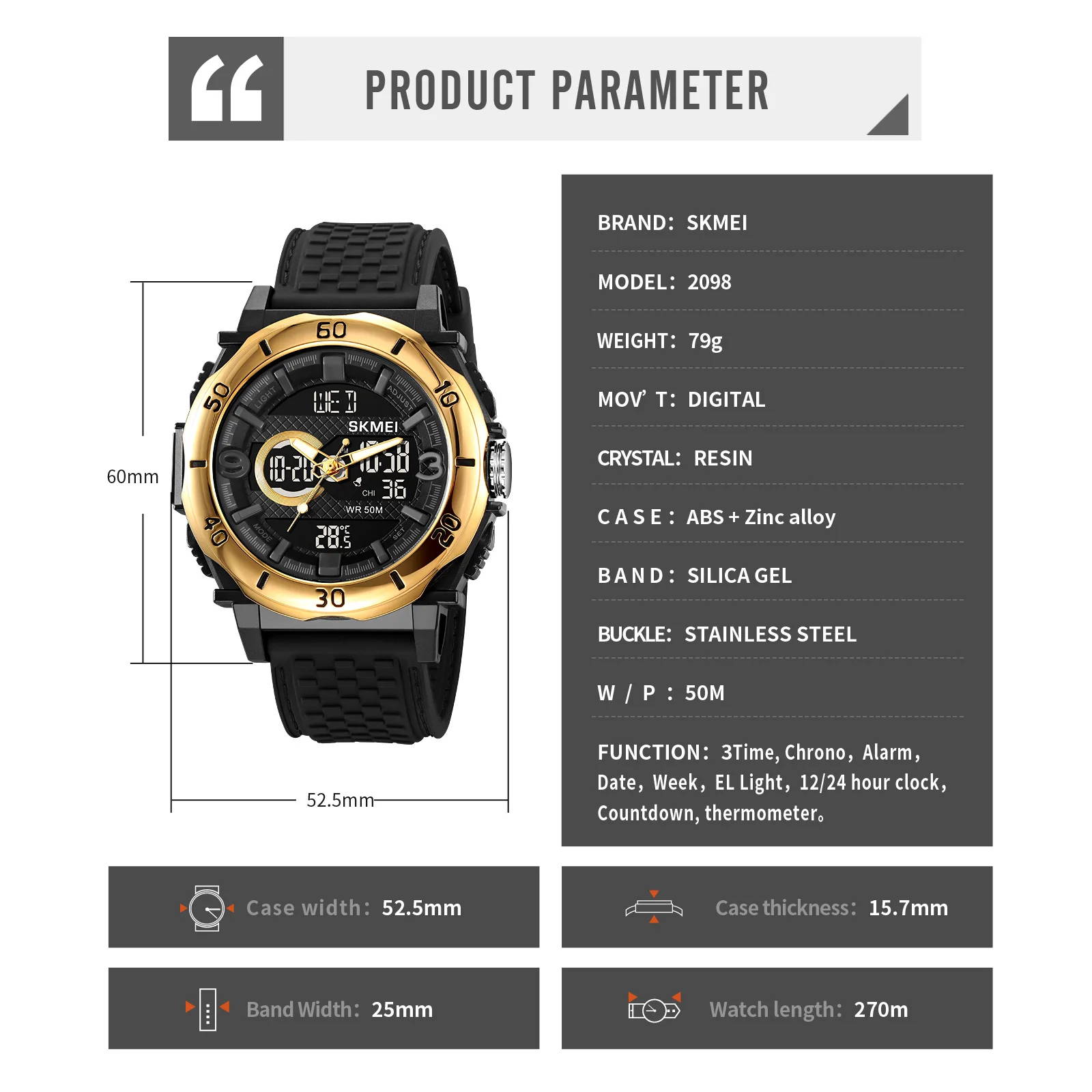 SKMEI 2098 Clock reloj hombre Fashion Digital Sport Watches Mens Multifunctional thermometer Countdown Calendar Men Wristwatch