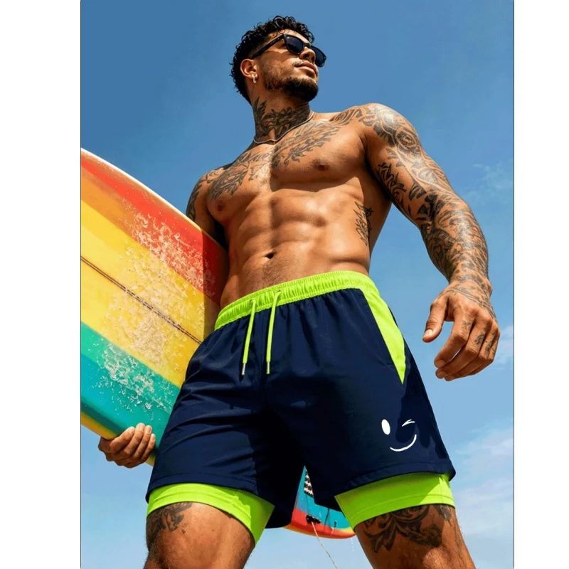 Men'S Wink Smiley Face Graphic Print Beach Shorts Quick Dry Swim Trunks With Compression Liner And Elastic Drawstring
