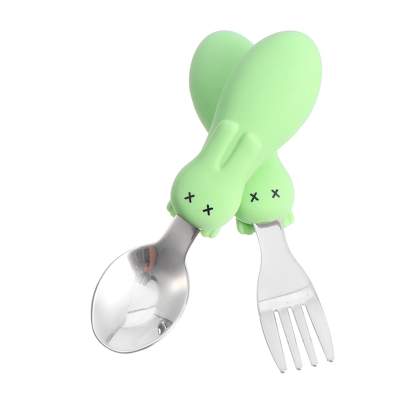 

1Set Baby Utensils Infant Training Tableware Short Handle Spoon Fork Set Cartoon Rabbit Design Stainless Steel Silicone Safe