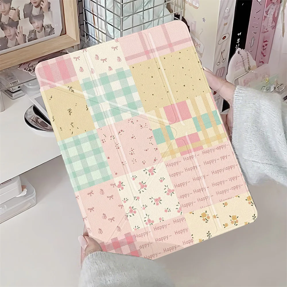 Aesthetic Cottagecore Plaid Y‑shape Tri‑Fold Tablet Protective Cover for Apple iPad Pro 13 11 Air 4 5 11 Mini 6 7 8.3 Inch Case