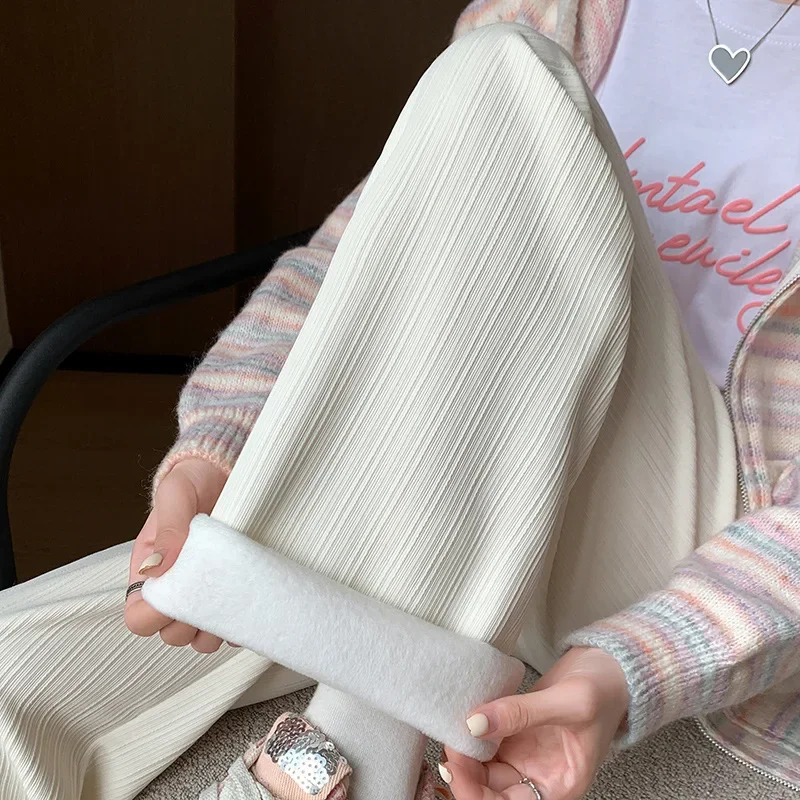 가을 겨울 기모 안감 와이드 레그 팬츠 여성용 하이웨이스트 여성 레깅스 두꺼운 스트레이트 스트라이프 캐주얼 팬츠 기모