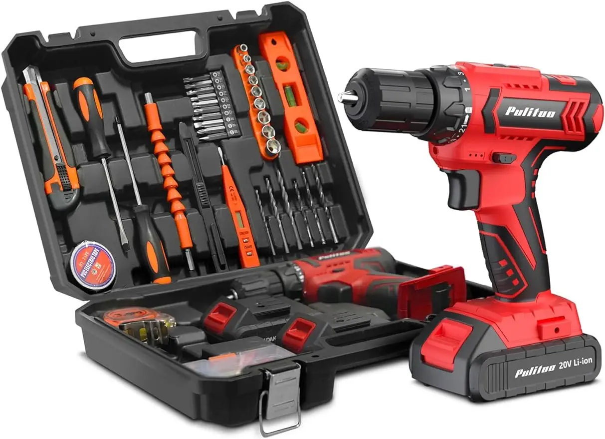 

Tool Kit with Power Drill 20V cordless Electric Drill Set with 2 Pack Lithium Battery and Charger Torque 30N.m