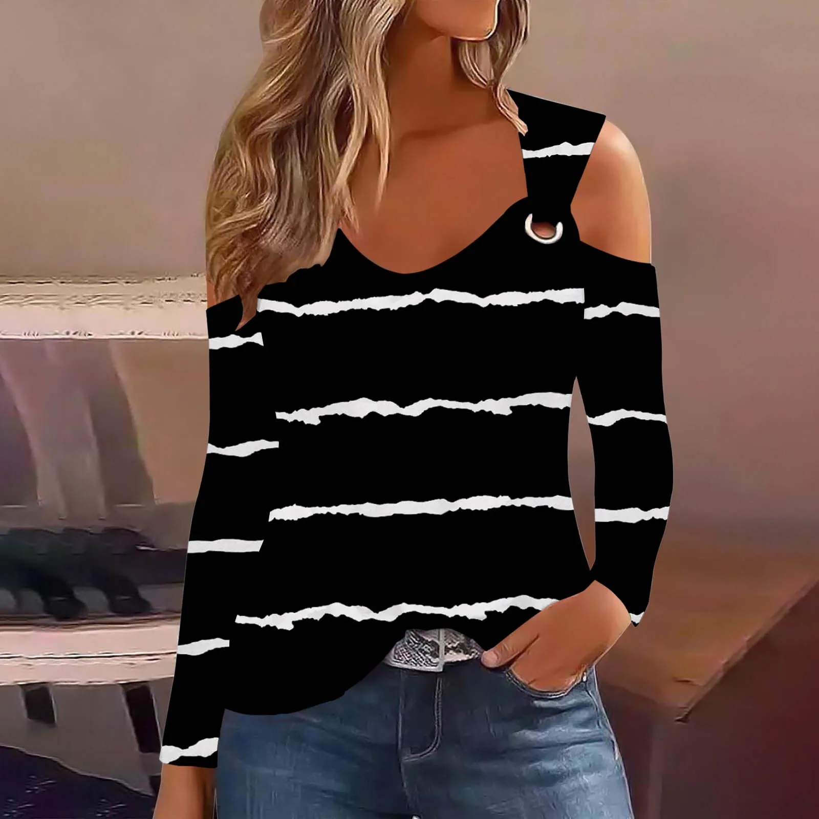 2024 Jesienna koszulka z długim rękawem dla kobiet Casual Hollow Out Tshirt Damskie topy z nadrukiem w paski Sexy Off Shoulder T Shirt Top Femme