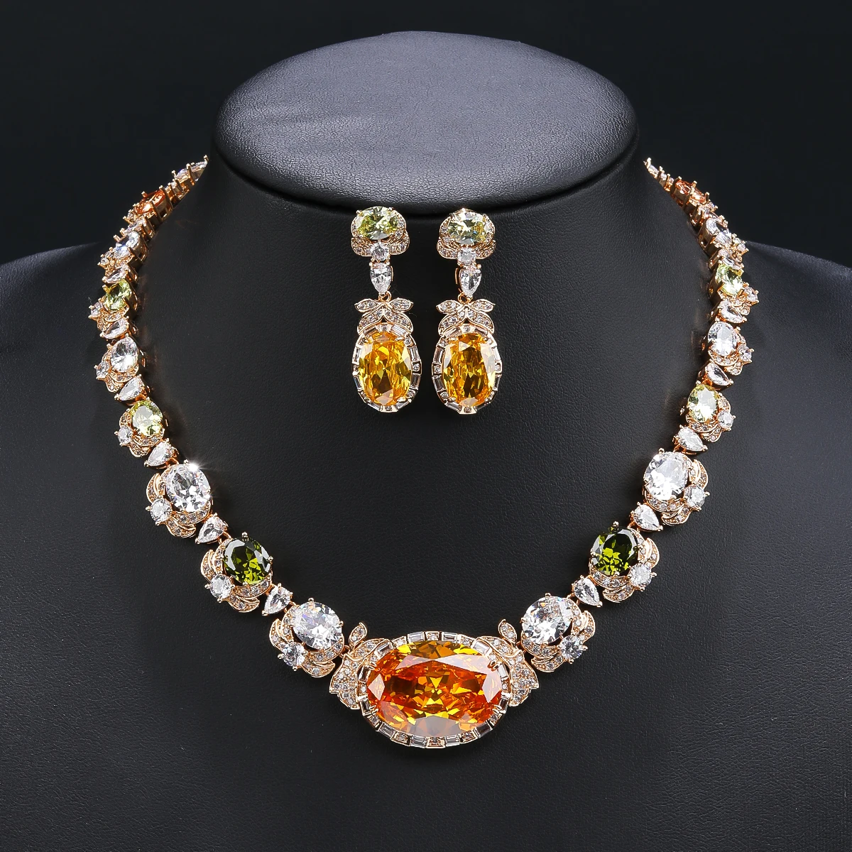 

High Quality Agate Stone Cubic Zirconia Bridal Wedding Necklace Earrings Set Elegant Jewelry Gift for Women CN11334