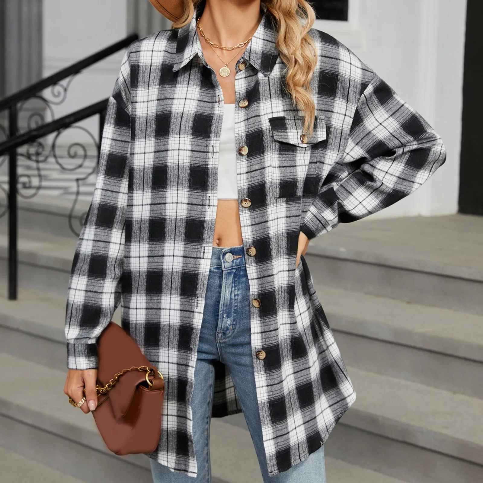 Women’s Casual Plaid Flannel Shacket Jacket Oversized Button Down Long Sleeve Fall Shirt Basic Shirts Tees Female Clothing