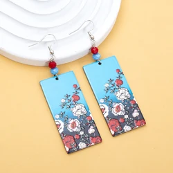 New Fashion Rectangular Blue Acrylic Printed Gorgeous Colorful Flower Earrings For Women Vintage Aesthetic 2025 Trends Jewelry
